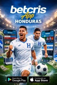 Jugadores de fútbol de Honduras con la app Betcris en estadio, apuestas deportivas en móvil
